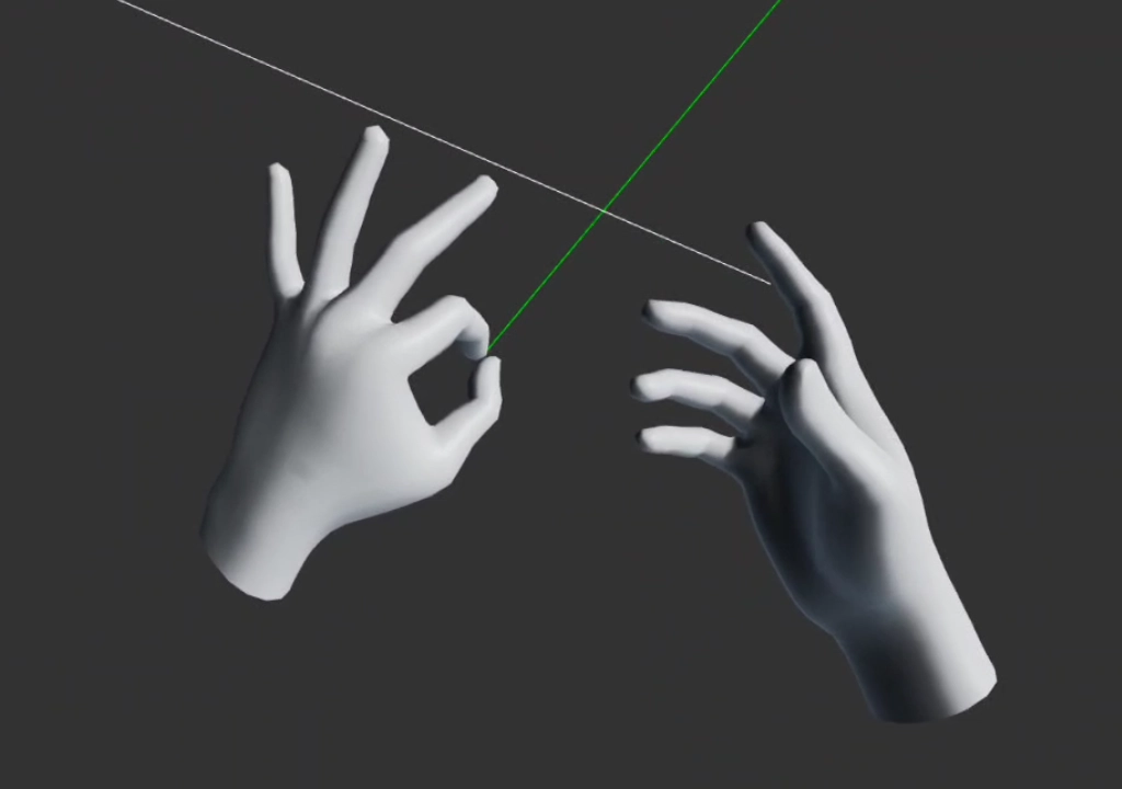 Two tracked hands in VR, each casting a pointer ray